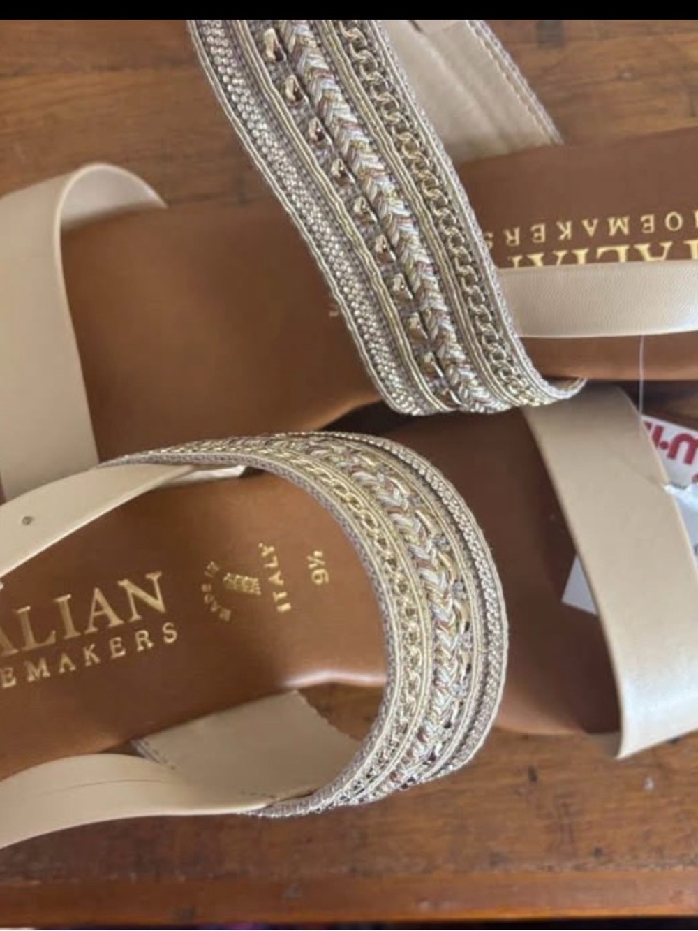 Marshalls Cream Wedge Sandals with Metallic Braided Straps